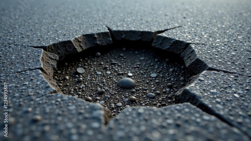 A singular smooth stone rests within a fractured, pebble-filled crater in dark, textured pavement.