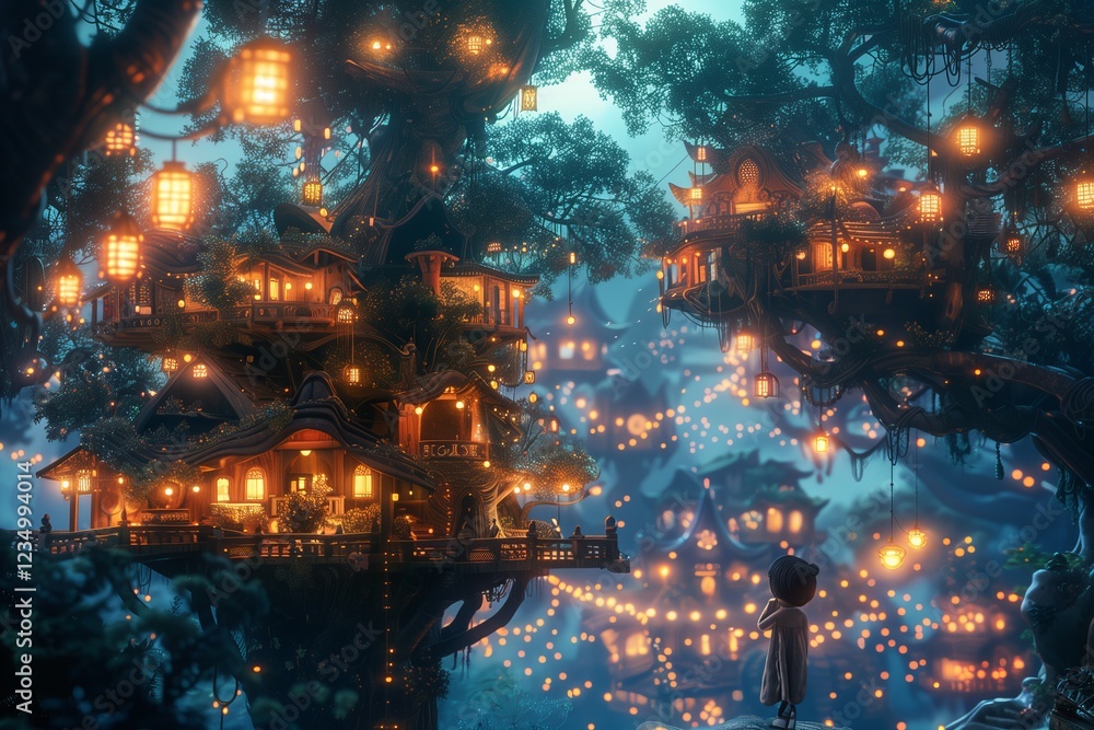 A whimsical forest scene featuring treehouses illuminated by soft glowing lights at night. A whimsical forest scene featuring treehouses illuminated by soft glowing lights at night.