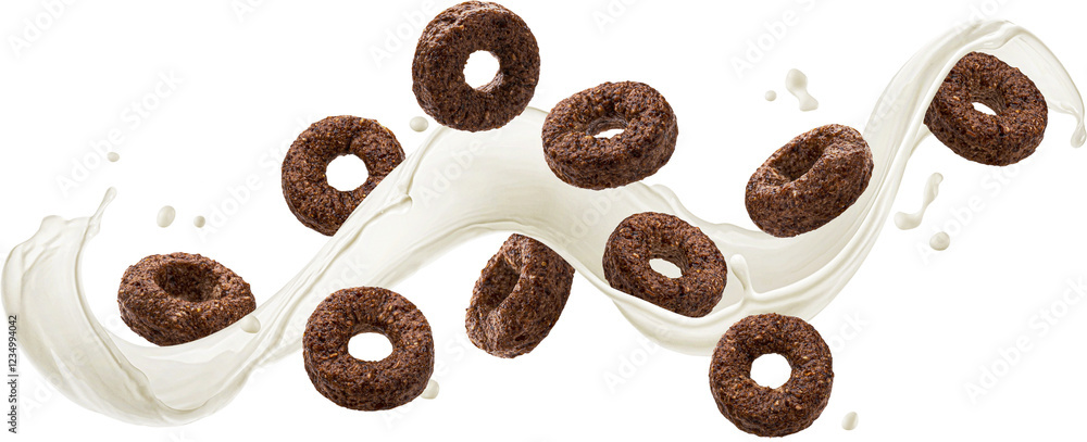 Fototapeta premium Flying chocolate corn rings with milk splash