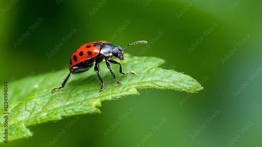 Fototapeta premium Macro Shot of Black and Red Ladybug on Green Leaf in Vibrant Summer Environment : Generative AI