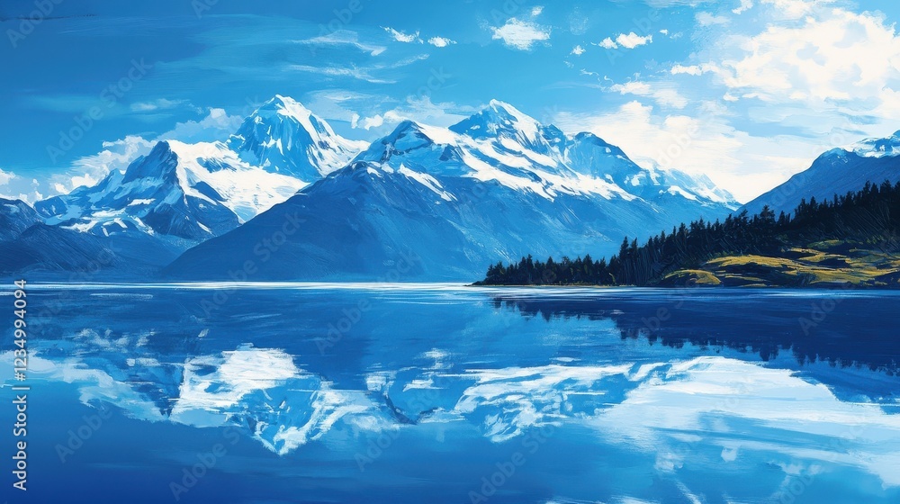 Majestic Snowcapped Mountains Reflecting in Calm Blue Lake Majestic Snowcapped Mountains Reflecting in Calm Blue Lake