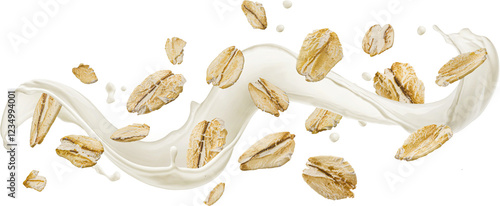 Falling oat flakes with milk splash isolated
