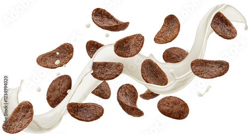 Bild auf Leinwand Flying chocolate corn flakes with milk splash isolated on white background