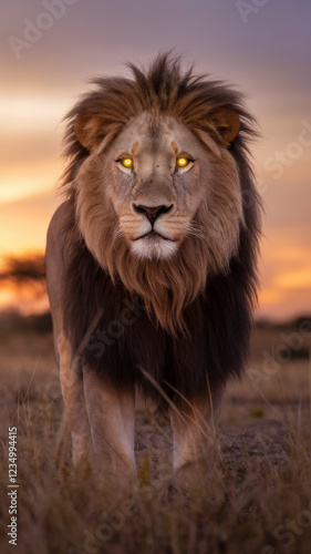 Mystical lion standing in tall grass with fiery sunset background