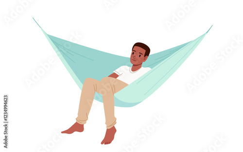 Summer rest of boy sitting in hanging green hammock, front view. Young barefoot man resting in fabric swing bed and watching, recreation of person in garden camping cartoon vector illustration