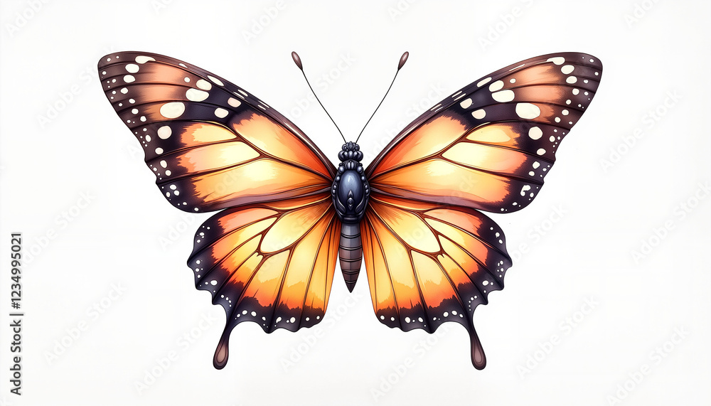 Fototapeta premium Vibrant tortoiseshell butterfly with spread wings on white background, symbolism of transformation
