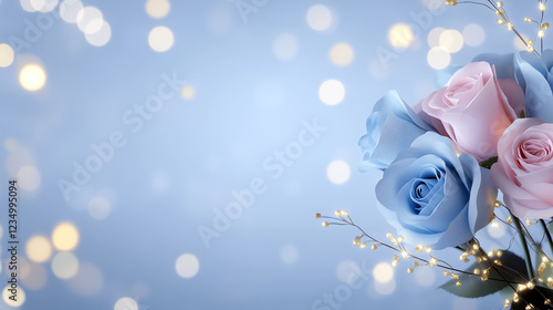 Bouquet of blue and pink roses. Minimalistic background.