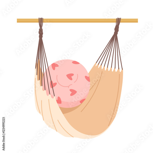 Cozy rag hammock with decorative round pillow hanging on wooden stick. Pink cute cushion with heart pattern and fabric hammock bed for sleeping and swinging, daytime sleep cartoon vector illustration