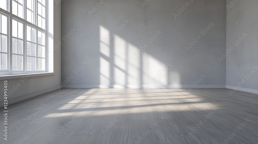 Empty Room With Large Windows Casting Natural Sunlight on Wooden Floor : Generative AI