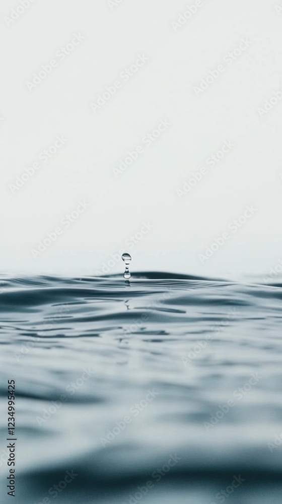 A serene image of water with a single droplet rising above the calm surface against a white background, capturing the simplicity and tranquility of nature. A serene image of water with a single droplet rising above the calm surface against a white background, capturing the simplicity and tranquility of nature.