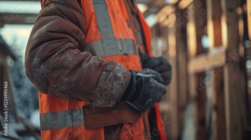 A worker in an orange safety jacket prepares for construction tasks. photo