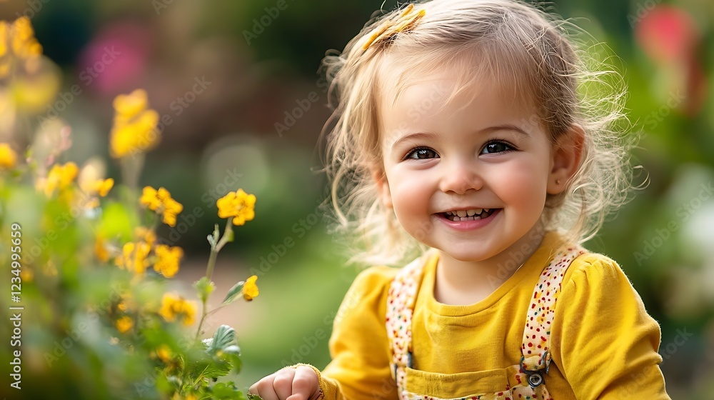 Happy toddler girl playing with flowers in sunny garden wearing yellow dress : Generative AI Happy toddler girl playing with flowers in sunny garden wearing yellow dress : Generative AI