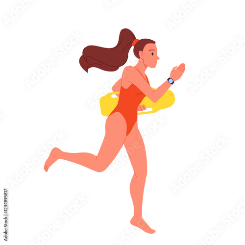 Female lifeguard running to save drowning people in water. Brave woman in red swimsuit holding yellow rescue torpedo buoy, emergency protection equipment for first aid cartoon vector illustration
