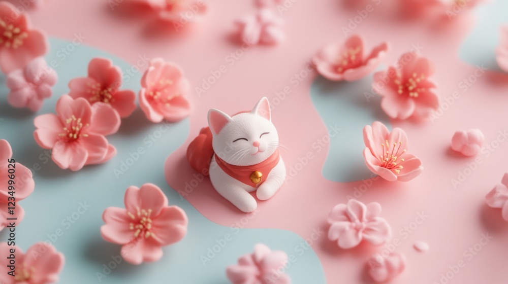 Adorable cat figurine nestled amongst delicate pink blossoms. Adorable cat figurine nestled amongst delicate pink blossoms.