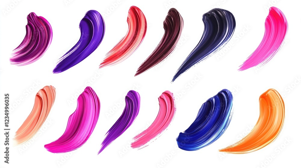 Obraz premium Realistic 3D smears of lipstick nail polish or paint A brush stroke set with vibrant colors and detailed texture isolated on a white background for beauty and artistic designs