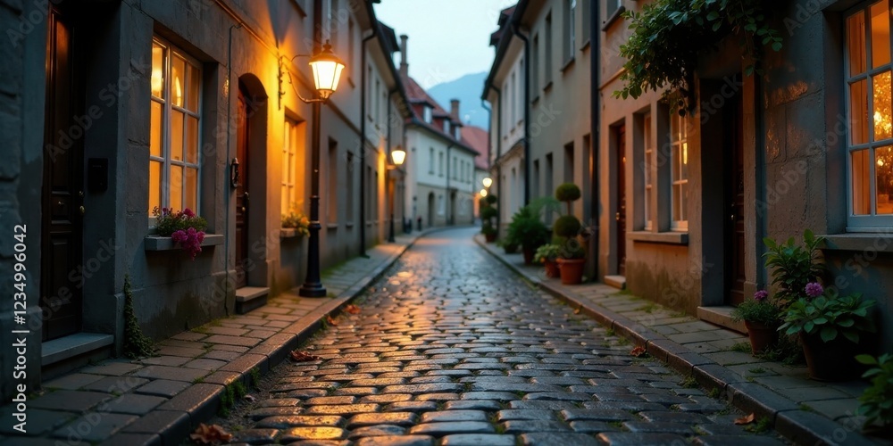 Obraz premium Evening Ambiance on a Cobblestone Street with Warmly Lit Windows and Blooming Flowers in Window Boxes