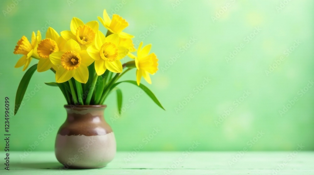 A cheerful bouquet of vibrant yellow daffodils arranged in a rustic vase against a soft green backdrop A cheerful bouquet of vibrant yellow daffodils arranged in a rustic vase against a soft green backdrop