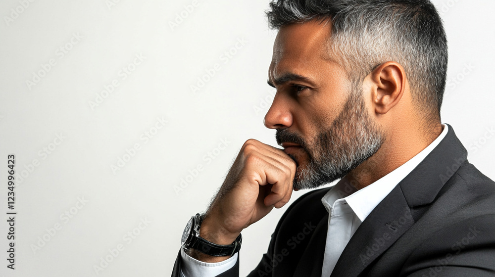 thoughtful successful businessman touches his chin and thinks thoughtful successful businessman touches his chin and thinks
