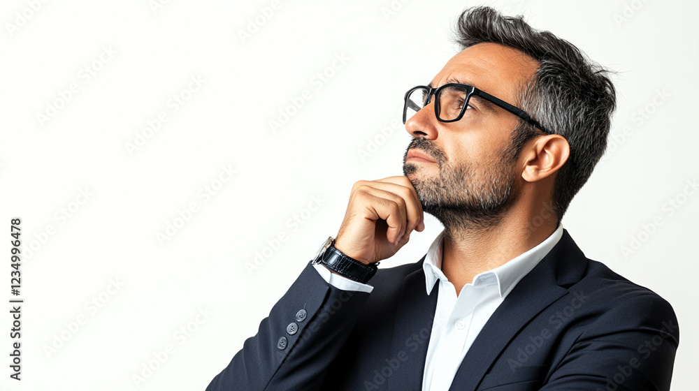 thoughtful successful businessman touches his chin and thinks thoughtful successful businessman touches his chin and thinks