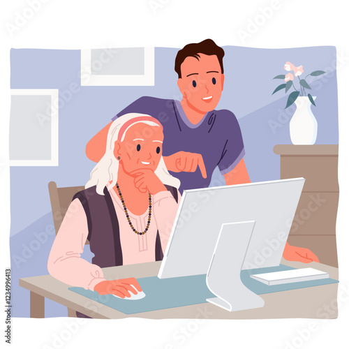 Help and support from young man for older woman in using computer. Elderly grandma sitting at desk with PC, boy standing next to teach grandmother how to use Internet cartoon vector illustration