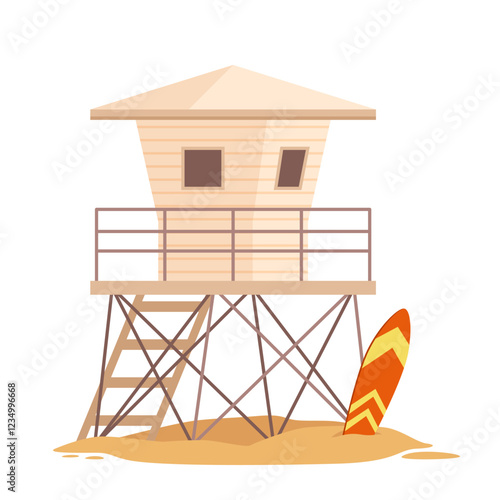 Lifeguards green wooden tower with rescue boat and lifebuoys. Summer beach house with alert bell on rope, first aid emergency equipment to save life of drowning people cartoon vector illustration