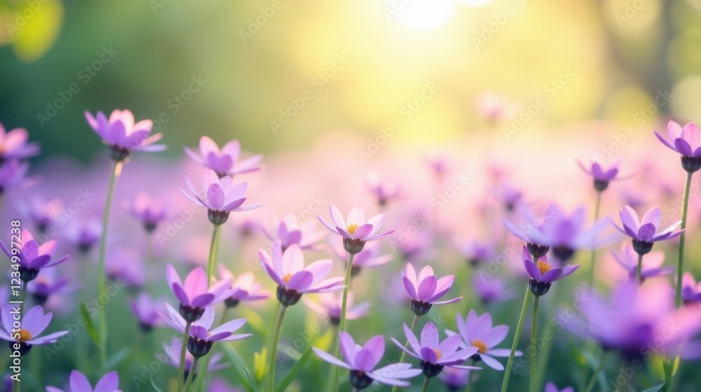A Field of Delicate Lavender Blossoms Bathed in the Warm Glow of the Setting Sun, Creating a Serene and Peaceful Atmosphere A Field of Delicate Lavender Blossoms Bathed in the Warm Glow of the Setting Sun, Creating a Serene and Peaceful Atmosphere