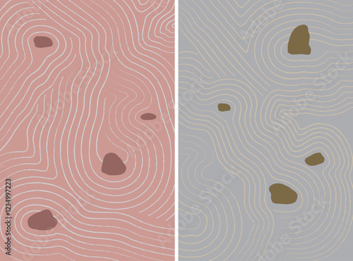 Semi abstract Japanese Zen stone garden line pattern, minimal brush illustration in earth tone colors, good for gift wrapping paper, stationary, poster, textile, towel, bedding