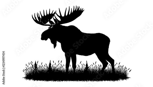 moose with large antlers standing in grass silhouette black vector shape
