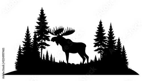 moose in coniferous forest silhouette black vector shape
