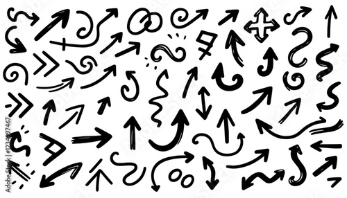hand-drawn arrow outlines playful black and white doodle icons collection set
