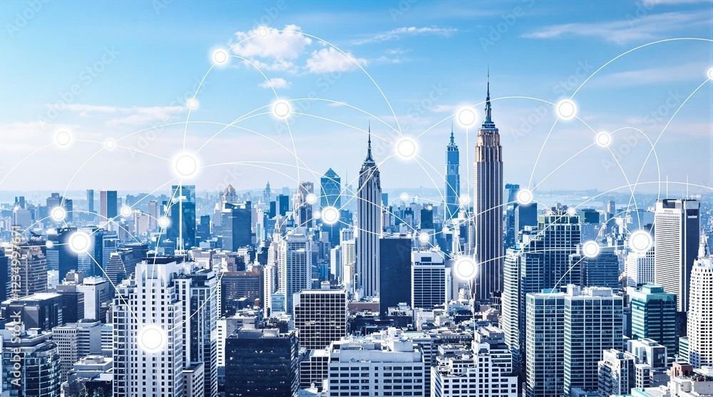 Naklejka premium a city linked to the internet, featuring advanced technology and digital infrastructure