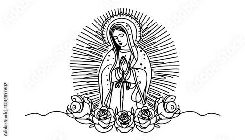 holy virgin mary with roses and sun rays black vector decorative silhouette for engraving
