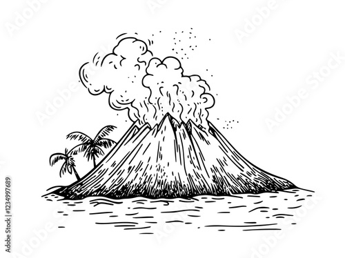 tropical volcano island with palm trees and smoke expressive energetic sketch black vector
