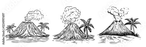 erupting volcano islands with palm trees expressive energetic sketch black vector
