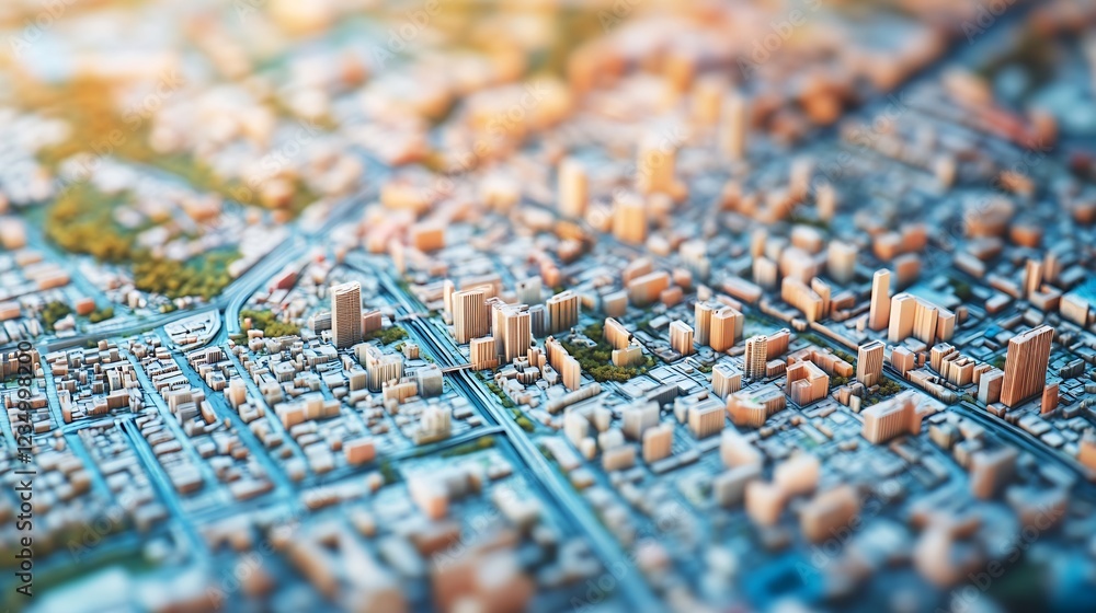Miniature City Layout with Focused Downtown and Roads in Tilt Shift Perspective : Generative AI Miniature City Layout with Focused Downtown and Roads in Tilt Shift Perspective : Generative AI