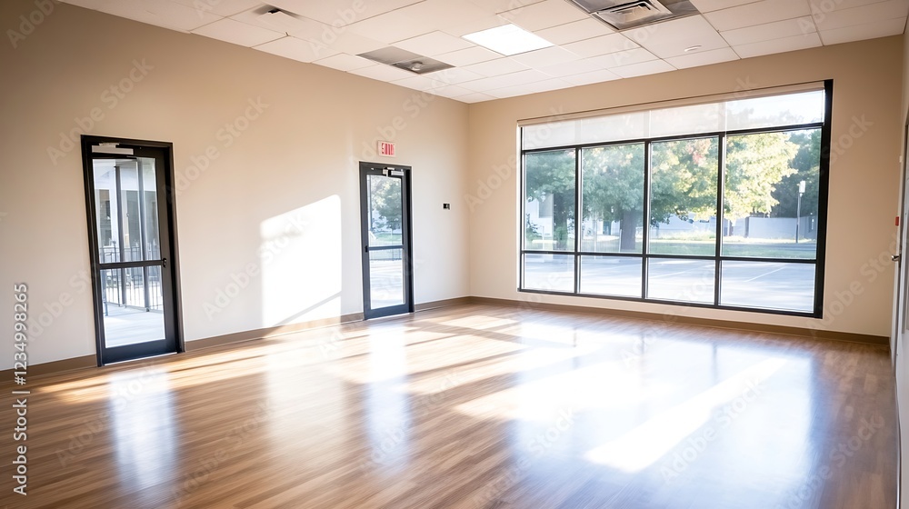 Obraz premium Bright and Modern Sunlit Empty Room with Large Windows and Wooden Floors : Generative AI
