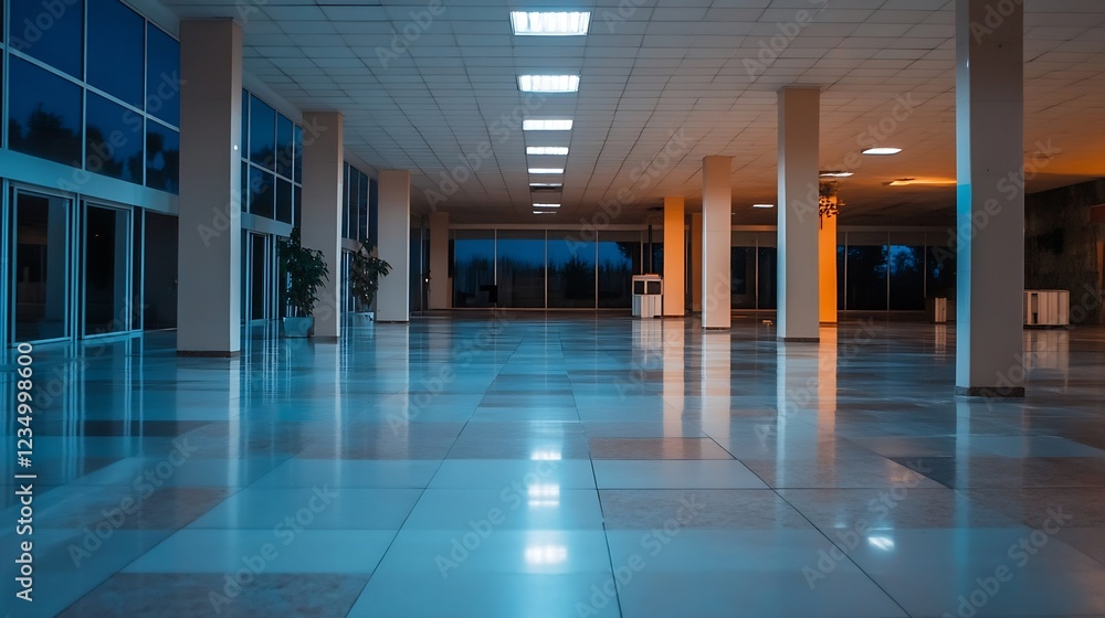 Fototapeta premium Modern Office Interior With Floor to Ceiling Windows and Polished Tile Flooring at Dusk : Generative AI