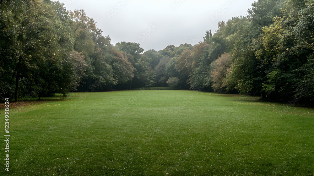 Obraz premium Wide green lawn surrounded by dense forest trees under an overcast sky.