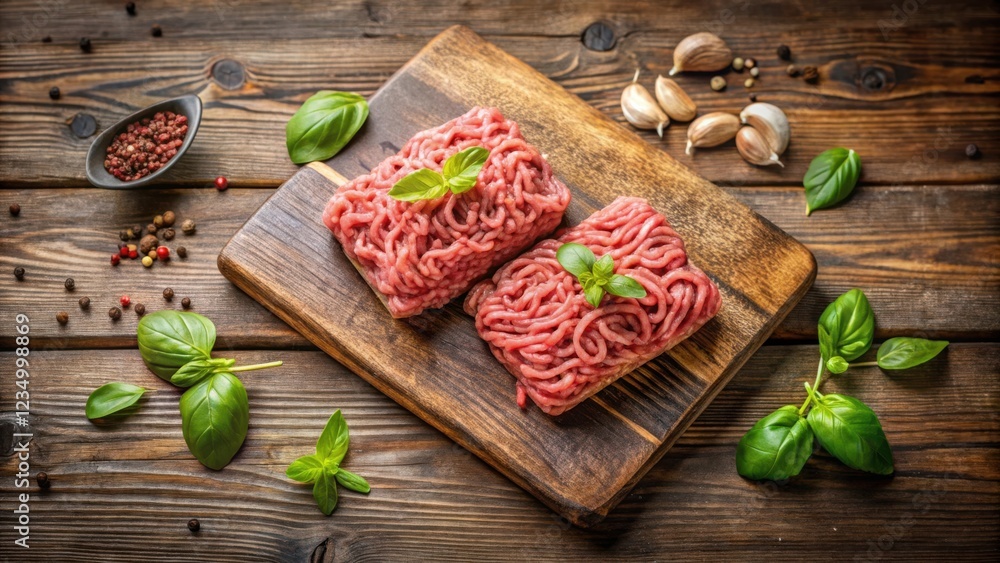 Raw Ground Beef with Fresh Basil and Spices on a Cutting Board Raw Ground Beef with Fresh Basil and Spices on a Cutting Board