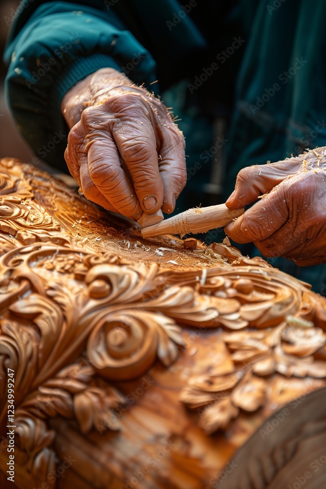 An artisan carves intricate designs into a piece of wood, showcasing skilled craftsmanship.