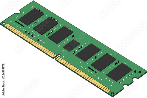  Computer RAM stick, green circuit board, memory module, gold contacts, black integrated circuits, rectangular shape, technological, computer hardware, close-up, high-resolution, detailed, precision e