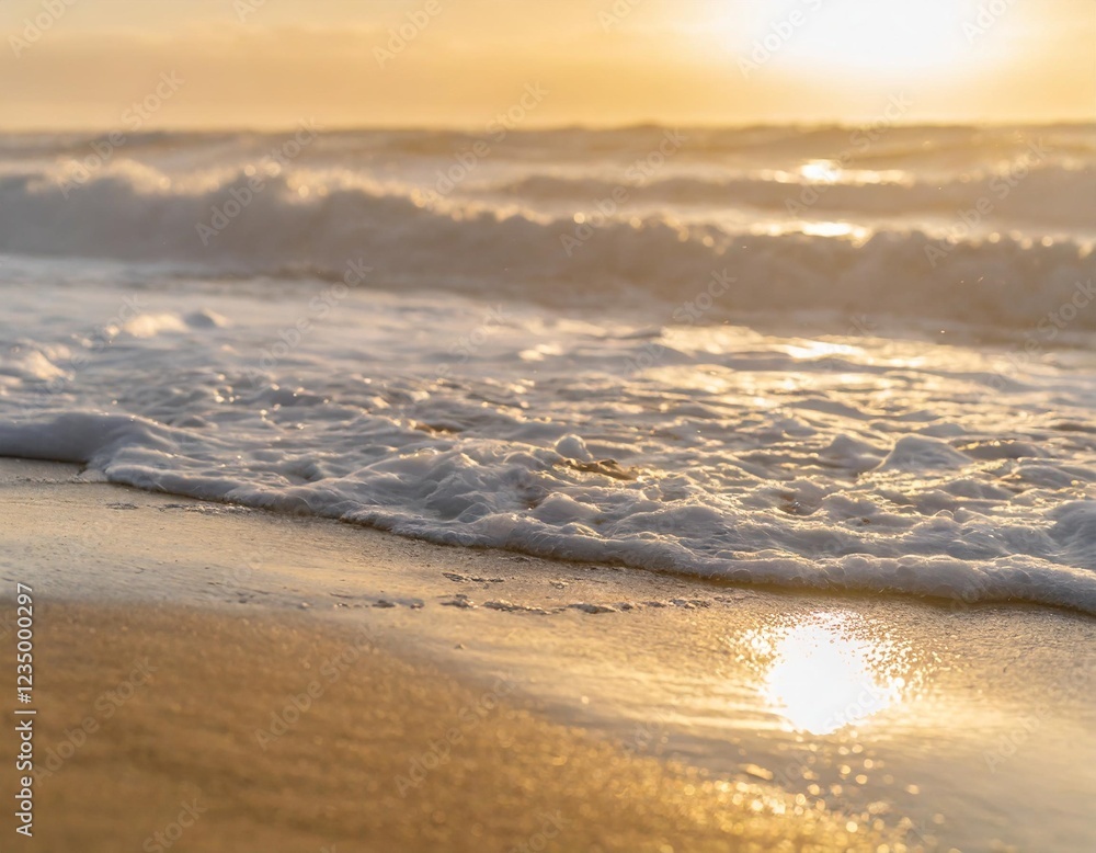 Fototapeta premium Empty Beach Captured at Sunset with Waves Crashing on Shore