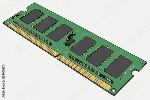  Computer RAM stick, green circuit board, memory module, gold contacts, black integrated circuits, rectangular shape, technological, computer hardware, close-up, high-resolution, detailed, precision e