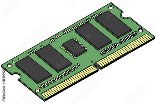 Computer RAM stick, green circuit board, memory module, gold contacts, black integrated circuits, rectangular shape, technological, computer hardware, close-up, high-resolution, detailed, precision e