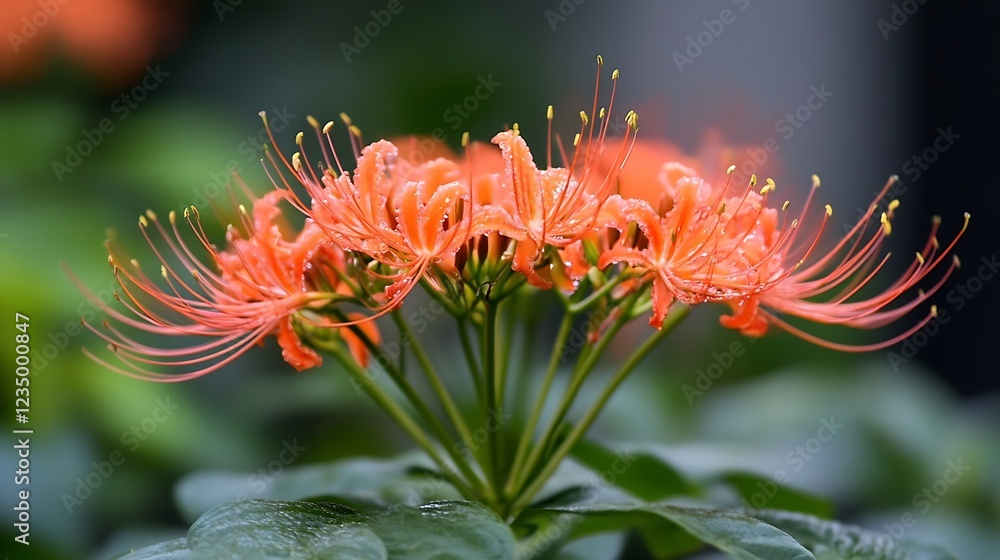 CloseUp of Orange Spider Lily Blossom with Dewdrops in Natural Setting : Generative AI CloseUp of Orange Spider Lily Blossom with Dewdrops in Natural Setting : Generative AI