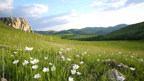 WildflowerFilled Rolling Hills with Majestic Stone Cliffs and Expansive Green Pastures : Generative AI photo