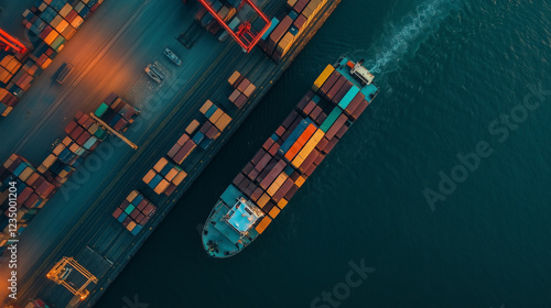 Aerial view of a cargo ship docked at a bustling port with colorful containers. A detailed and vibrant photograph capturing global trade, logistics, and industrial activity against a deep blue ocean b