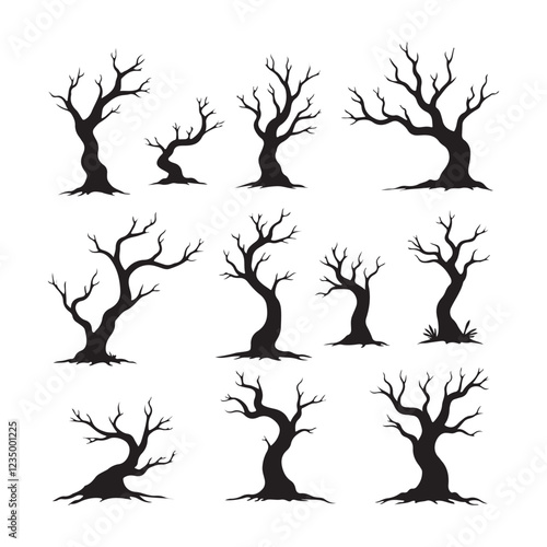 Silhouette trees, bare branches, spooky forest icons, black and white illustrations