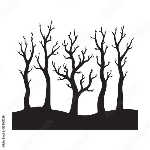 Silhouette trees, bare branches, spooky forest icons, black and white illustrations