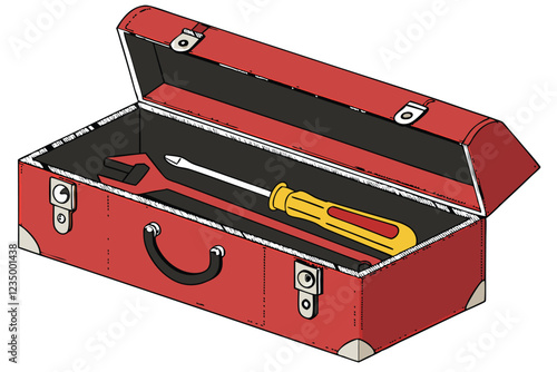  Red metal toolbox, vintage style, chrome latches, black handle, screwdriver, wrench, yellow and red tools, bright colors, isolated on white background, product photography, detailed, realistic, high 